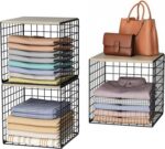 Angju 3-Tier Stackable Closet Organizers and Storage Basket, Shelves with Wood Top, Foldable Clothes Storage Bin/Cube Drawer Organizer for Wardrobe, Space-Saving, Closet Organization