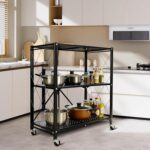 3 Tier Foldable Storage Shelves with Wheels, Metal Collapsible Organization Storage Rack, No Assembly Portable Metal Shelving, Bookshelf for Kitchen, Bedroom, Pantry, Garage, Display - Image 2
