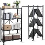 SKY-TOUCH Foldable Storage Organizer 4 Tier, Storage Shelves Kitchen Cabinet Storage Rack, Shelf Storage Multipurpose Rack for Living Room Bedroom Kitchen Garage Black