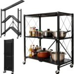 3 Tier Foldable Storage Shelves with Wheels, Metal Collapsible Organization Storage Rack, No Assembly Portable Metal Shelving, Bookshelf for Kitchen, Bedroom, Pantry, Garage, Display