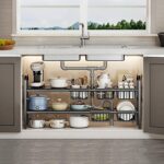 U-HOOME Under Sink Organizer, 2Tier Expandable Cabinet Shelf Organizer with 5 Removable Panels and 5 Storage Basket for Under Shelf Bathroom Storage Organize Rack Holder, Kitchen Sink Dish Rack