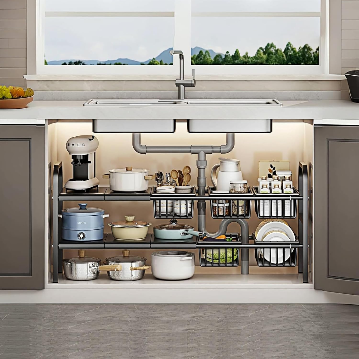 71V4piLHktL._AC_SL1500_.jpg U-HOOME Under Sink Organizer, 2Tier Expandable Cabinet Shelf Organizer with 5 Removable Panels and 5 Storage Basket for Under Shelf Bathroom Storage Organize Rack Holder, Kitchen Sink Dish Rack - Image 1