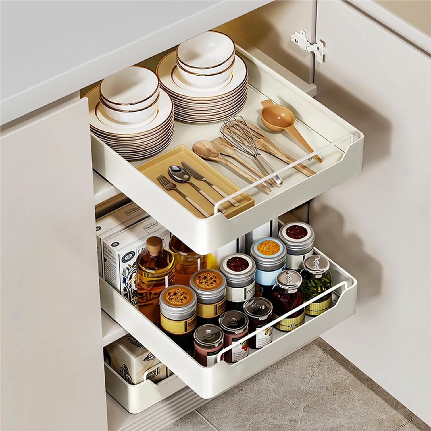71XmIDVFQfL._AC_SL1500_.jpg U-HOOME Pull Out Cabinet Drawer Organizer Fixed with Adhesive,Slide Out Drawer Pantry Storage Shelves,Kitchen Spice Rack Under Cabinet Storage Fits Spices,Sauces,Cans (Spice rack-40cm) - Image 1