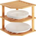 3-Tier Corner Storage Shelf, Bamboo Kitchen Organiser, Plate Rack for Countertop and Cabinet