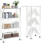 SKY-TOUCH Foldable Storage Organizer 4 Tier, Storage Shelves Kitchen Cabinet Storage Rack, Shelf Storage Multipurpose Rack for Living Room Bedroom Kitchen Garage White