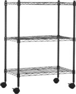 Amazon Basics 3-Shelf Narrow Storage Unit On Wheels With Height Adjustable Shelves and Levelling Feet, 340 kg Max Weight, Black, 34 cm D x 58.9 cm W x 83.2 cm H