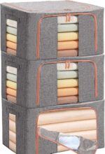 THMINS 100L Clothes Storage Bag,3 Pack Foldable Steel Frame Closet Organizers Storage Containers,Large Storage Bins for Comforters, Blankets, Bedding,Toys, Books,Foldable with Sturdy Zipper