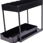 HOME DWELL Under Sink Organizer – 2-Tier Sliding Storage Rack with Drawer, Hooks & Cups – Multi-Purpose Bathroom & Kitchen Cabinet Organizer, Rust-Resistant & Tool-Free Assembly