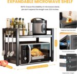 Expandable Storage Rack, 2-Tier Foldable Kitchen Countertop Organizer Shelf, Microwave Oven Rack Microwave Stand with Cutting Boards Stand for Kitchen Counter Top Organizer, 6 Hooks (Black-A) - Image 3