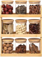 Bamboo Spice Rack with 9 Glass Jars & Airtight Wooden Lids – 3-Tier Kitchen Organizer for Spices, Herbs, Dry Fruits & Condiments – Countertop Storage Shelf for Home Kitchen