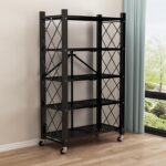 Metal Folding Storage Shelves on Wheels 4/5 Tiers Shelving Units for Kitchen Pantry & Garage Foldable Bookcase Black (71.5x34x159cm)