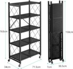 Foldable Storage Shelf, No Assembly Required Metal Storage Shelves on Wheels for Living Room Bedroom Kitchen (Black, 5-Shelf) - Image 2