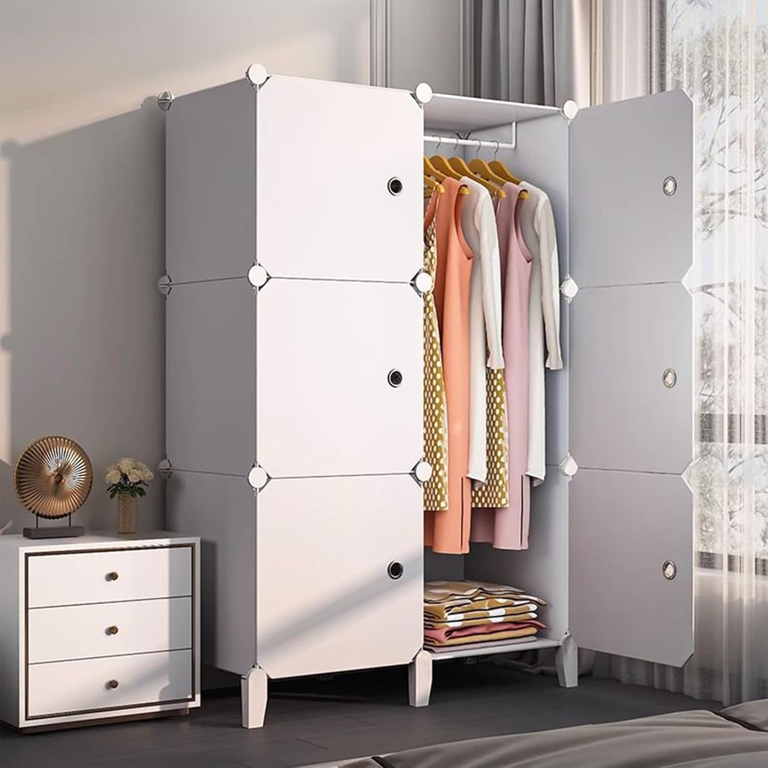 71cf0K1BB1L._AC_SL1500_.jpg DAYONG Portable Cloth Closet, Clothes Storage Organizer, Plastic Wardrobe with Hanging Rods and Storage Shelves, Clothes Storage Rack for Bedroom, Easy to Assemble. (white-A) - Image 1