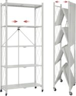 VPARTY 5 Tier Foldable Storage Shelves with Wheels, Kitchen Appliance Stand, Freestanding Metal Wire Shelf Rack, No Assembly Organizer Rolling Cart for Garage, Basement (White, 5 Layer)