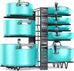 MUDEELA Pots and Pans Organizer for Cabinet Pan Organizer Rack for Cabinet with 3 DIY Methods, Adjustable Pot Organizer Rack with 8 Tiers, Pan Pot Rack for Kitchen Cabinet Organizer and Storage