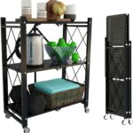 3-Tier Shelf Foldable Storage Shelving Unit, Storage Shelves Cabinet Kitchen Storage Rack with Caster Wheels, Multipurpose Foldable Storage Shelves for Living Room Bedroom Kitchen