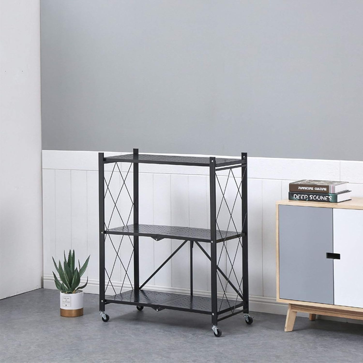 71e06hp1b1L._AC_SL1500_.jpg Storage Rack 3/4-Tier Standing Shelf Units Storage Shelf Foldable Standing Rack Organization With Wheels, Max Load Weight 150Kg, Black - Image 1