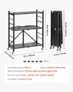 VEVOR 3-Tier Foldable Storage Shelf, 30W x 13D x 36H Inch Folding Metal Rack Shelving Unit, Heavy Duty No Assembly Organizer Shelf with 5 Wheels & 4 Hooks for Pantry, Kitchen, Garage, Basement, Black - Image 3