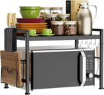 Expandable Storage Rack, 2-Tier Foldable Kitchen Countertop Organizer Shelf, Microwave Oven Rack Microwave Stand with Cutting Boards Stand for Kitchen Counter Top Organizer, 6 Hooks (Black-A)