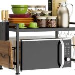 Expandable Storage Rack, 2-Tier Foldable Kitchen Countertop Organizer Shelf, Microwave Oven Rack Microwave Stand with Cutting Boards Stand for Kitchen Counter Top Organizer, 6 Hooks (Black-A)