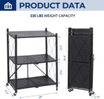 3 Tier Foldable Storage Shelves with Wheels, Metal Collapsible Organization Storage Rack, No Assembly Folding Bookshelf, Rolling Storage Rack Holds 330 Ibs for Kitchen, Bedroom, Garage, Display, Black - Image 3