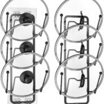 2 Pack Pot Lid Organizer Rack, 6 Tier Pot Lids Holder for Cabinet Door/Wall Mount, Reusable Pot Lid Rack Holder for Kitchen Storage with No Drilling Adhesive, Black