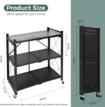 Folding Storage Shelf with Wheels, 3 Layer No Assembly Rolling Shelving Unit, Heavy Duty Metal Foldable Organizer Cart for Home Office Kitchen Bathroom (Black, 3-Tier) - Image 6