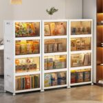 Multi Layered Folding Storage Cabinet, Large capacity Standing Storage Cabinet Shelf Transparent and Visible Dustproof Toy Storage Box, Snacks Locker, Bookcase with Universal Wheels (5 Layer) - white - Image 7