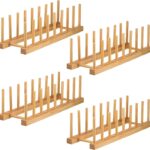 Lawei 4 Pack Bamboo Dish Drying Rack, Plate Rack Stand Pot Lid Holder, Dish Organizer Rack for Plates, Cups, Bowls, Dish, Cutting Board, Drying Rack Stand Drainer, Kitchen Cabinet Organizer