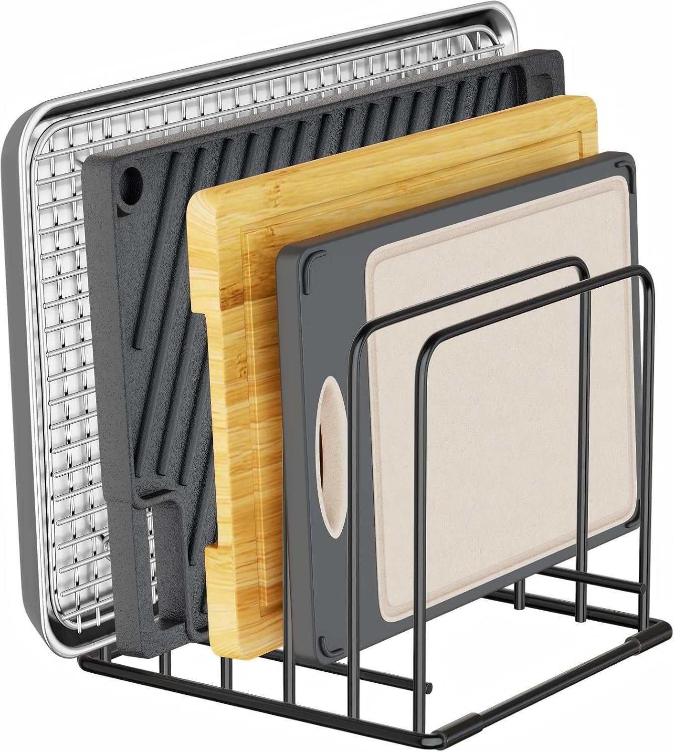 71gXueHVOmL._AC_SL1500_.jpg Kitchen Organizer Rack - 5-Slot Heavy-Duty Cutting Board and Bakeware Holder, Adjustable Stainless Steel Compartments Holder, Rust-Resistant with Anti-Slip Feet for Countertop or Cabinet Storage - Image 1