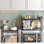 Expandable Storage Rack, 2-Tier Foldable Kitchen Countertop Organizer Shelf, Microwave Oven Rack Microwave Stand with Cutting Boards Stand for Kitchen Counter Top Organizer, 6 Hooks (Black-A) - Image 2