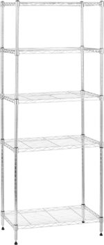 Amazon Basics 5-Shelf Narrow Storage Unit With Height Adjustable Shelves and Levelling Feet, 453kg Max Weight, Chrome, 34 cm D x 58.9 cm W x 152.5 cm H