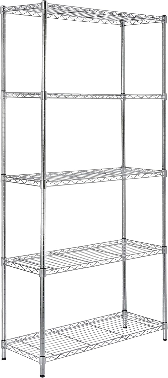 71j25PtqFCL._AC_SL1500_.jpg Amazon Basics 5-Shelf Storage Unit With Height Adjustable Shelves and Levelling Feet, 680 kg Max Weight, Chrome, 35.5 cm D x 91.4 cm W x 182.8 cm H - Image 1