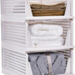 Stackable Storage Bins, Plastic Clothes Drawer Organizer, Wardrobe Storage Box Shelf Basket, Foldable Sliding Bins for Cabinet, Laundry, Bedroom Closet, Office Supplies, White 3 Pcs