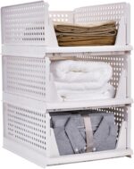 Stackable Storage Bins, Plastic Clothes Drawer Organizer, Wardrobe Storage Box Shelf Basket, Foldable Sliding Bins for Cabinet, Laundry, Bedroom Closet, Office Supplies, White 3 Pcs