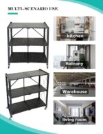 Folding Storage Shelf with Wheels, 3 Layer No Assembly Rolling Shelving Unit, Heavy Duty Metal Foldable Organizer Cart for Home Office Kitchen Bathroom (Black, 3-Tier) - Image 7