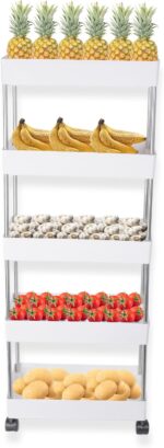 Made for Amazon Plastic Space Saving Storage Organizer Rack Shelf with Wheels(2 Lock,2 Unlock) for Kitchen, Office, Bathroom and Bedroom (5 Layer, White) - Image 2