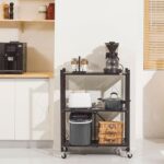 Folding Storage Shelf with Wheels, 3 Layer No Assembly Rolling Shelving Unit, Heavy Duty Metal Foldable Organizer Cart for Home Office Kitchen Bathroom (Black, 3-Tier) - Image 8