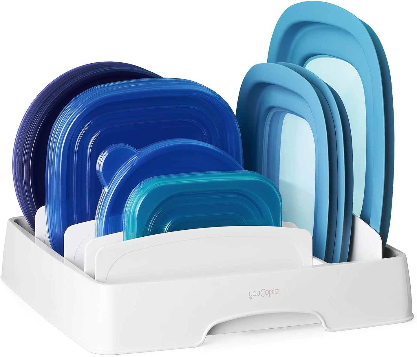 71mia25PjcL._AC_SL1500_.jpg YouCopia StoraLid Adjustable Food Container Lid Organizer, Kitchen Cabinet Storage Rack for Lids, BPA-Free, Holds Round & Square Lids, Space-Saving, Medium Size- 50083 - Image 1