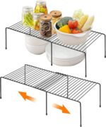 ALMEKAQUZ Freezer Shelf Organizer, Expandable Cabinet Storage Shelf with Rustproof Metal Wire, Adjustable Kitchen Cabinet Organizer Spice Rack for Frige, Pantry, Cupboard, Countertop - Black