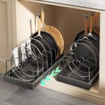 2pcs Pots and Pans Organizer Under Cabinet,Sliding Pot Lid Holder and Pan Rack in Kitchen,Pull Out Cabinet Organizer for Pot Lid,Bakeware,Dishes,Kitchen Organizer for Counter and Cabinet (Black)