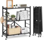 VEVOR 3-Tier Foldable Storage Shelf, 30W x 13D x 36H Inch Folding Metal Rack Shelving Unit, Heavy Duty No Assembly Organizer Shelf with 5 Wheels & 4 Hooks for Pantry, Kitchen, Garage, Basement, Black