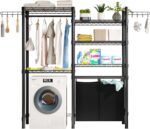 Over The Washer and Dryer Storage Shelf, Laundry Room Organization Storage Rack with Laundry Hamper, Clothes Drying Rack for Hanging Towels and Drying Clothes
