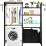 Over The Washer and Dryer Storage Shelf, Laundry Room Organization Storage Rack with Laundry Hamper, Clothes Drying Rack for Hanging Towels and Drying Clothes