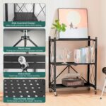 Folding Storage Shelf with Wheels, 3 Layer No Assembly Rolling Shelving Unit, Heavy Duty Metal Foldable Organizer Cart for Home Office Kitchen Bathroom (Black, 3-Tier) - Image 4