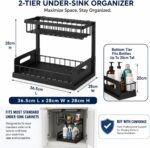Under Sink Storage Organizer 2 Tier – No Drilling Bathroom Cabinet Shelf, Heavy Duty Metal Rack with Adjustable Feet for Kitchen Counter, Pantry, Laundry Room (Black) - Image 2