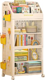 Beauenty Kids Bookshelf with Wheels & DIY Pegboard,Foldable Standing Storage Shelf,Kids Picture Book Shelf for Living Room,Bedroom and School (White 2Tier)