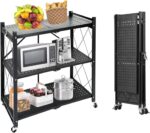Folding Storage Shelf with Wheels, 3 Layer No Assembly Rolling Shelving Unit, Heavy Duty Metal Foldable Organizer Cart for Home Office Kitchen Bathroom (Black, 3-Tier) - Image 2