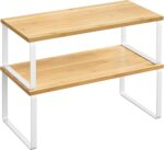 Cabinet Organizer Shelf, Set of 2 Kitchen Cabinet and Counter Shelf Organizer, Kitchen Storage, Spice Rack, Stackable, Expandable, Metal and Engineered Wood, Cloud White and Natural Beige