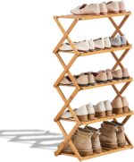 Foldable Bamboo Shoe Rack, 2 to 5-Tier Multi-Functional Storage Shelf, Self-Supporting Shoe nizer (5 Shelves, 6.1m Wide) - Space-Saving Home Solution